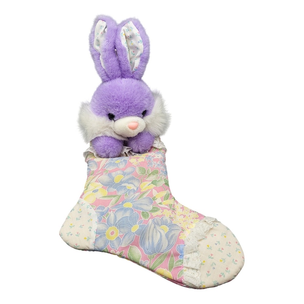 Vintage Easter Bunny Plush Stocking Kids Floral Lace Purple Pink 22"